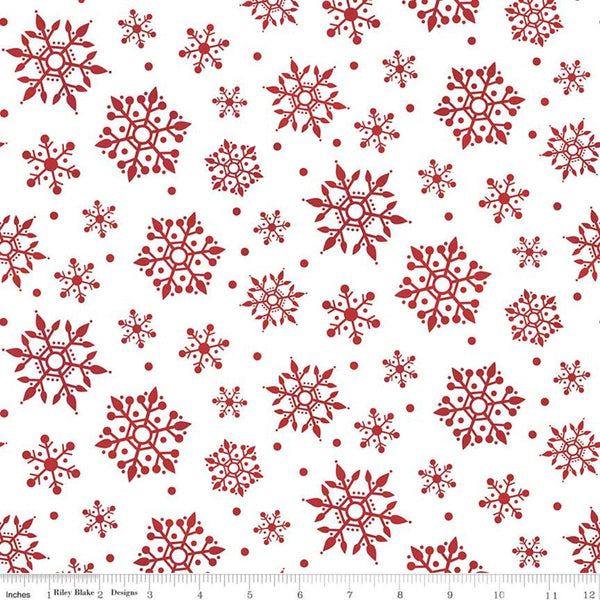 32" End of Bolt - FLANNEL Gnome for Christmas Snowflakes F10612 White - Riley Blake Designs - Dark Red on White Snow - FLANNEL Cotton Fabric