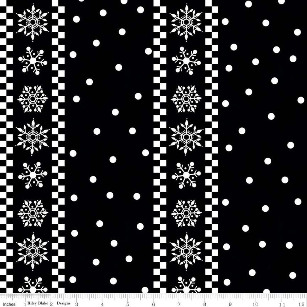 12" end of bolt piece - FLANNEL Gnome for Christmas F10613 Black - Riley Blake - White Snowflakes Checks Striped - FLANNEL Cotton Fabric -