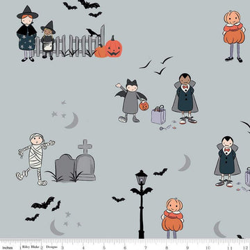 DEAL Spooky Hollow Main SC10570 Gray SPARKLE - Riley Blake Designs - Halloween Trick-or-Treaters Silver SPARKLE - Quilting Cotton Fabric