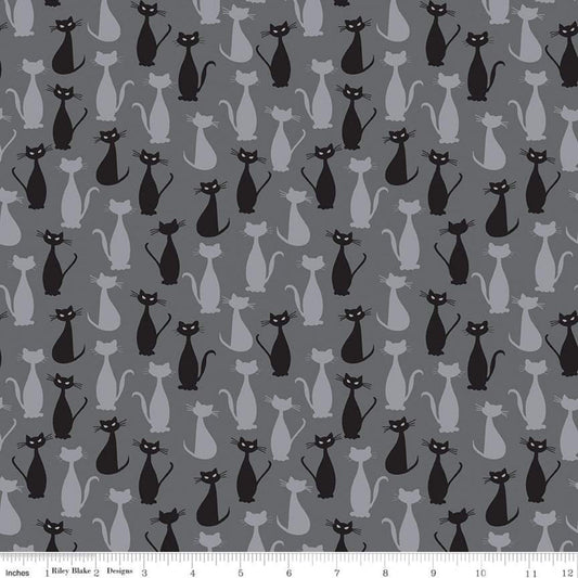DEAL Spooky Hollow Cats SC10573 Charcoal SPARKLE - Riley Blake Designs - Halloween Silver SPARKLE Gray - Quilting Cotton Fabric