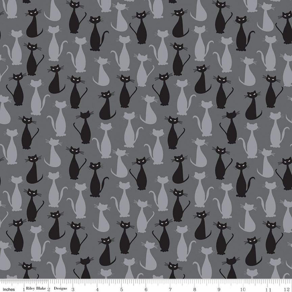 SALE Spooky Hollow Cats SC10573 Charcoal SPARKLE - Riley Blake Designs - Halloween Silver SPARKLE Gray - Quilting Cotton Fabric
