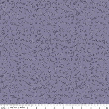 DEAL Spooky Hollow Icons C10574 Purple - Riley Blake Designs - Halloween Pumpkins Ghosts Headstones Broomsticks -  Quilting Cotton Fabric