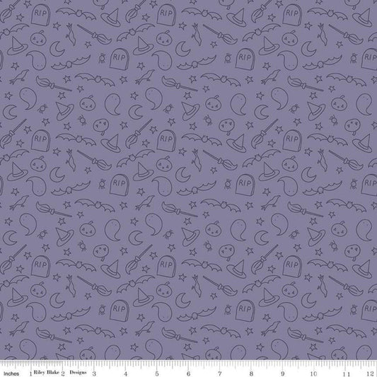 DEAL Spooky Hollow Icons C10574 Purple - Riley Blake Designs - Halloween Pumpkins Ghosts Headstones Broomsticks -  Quilting Cotton Fabric