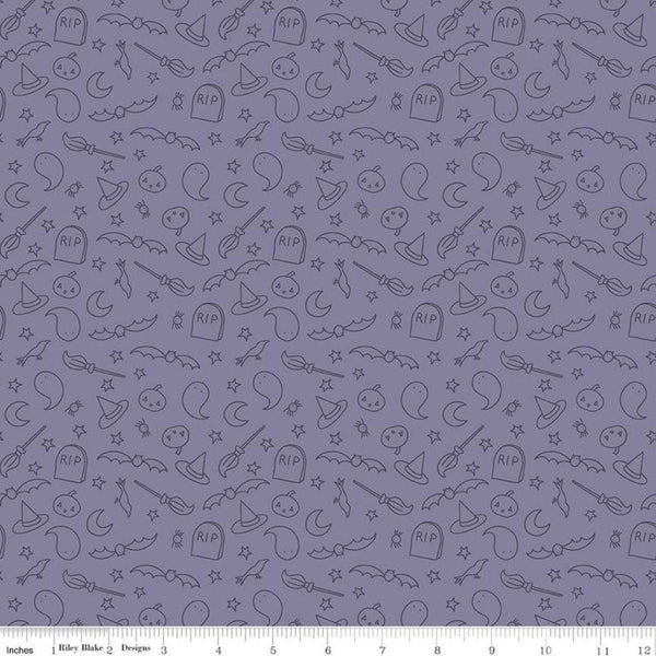 SALE Spooky Hollow Icons C10574 Purple - Riley Blake Designs - Halloween Pumpkins Ghosts Headstones Broomsticks -  Quilting Cotton Fabric