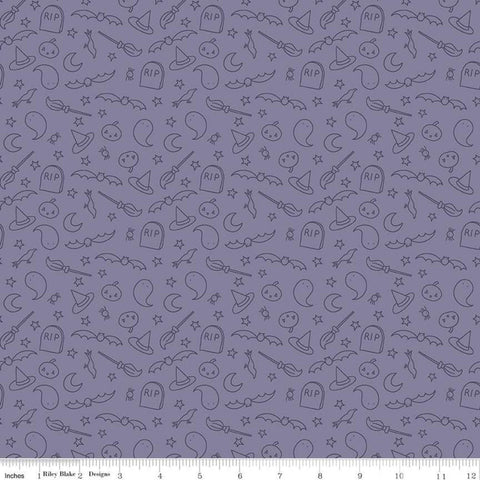 Spooky Hollow Icons C10574 Purple - Riley Blake Designs - Halloween Pumpkins Ghosts Headstones Broomsticks -  Quilting Cotton Fabric