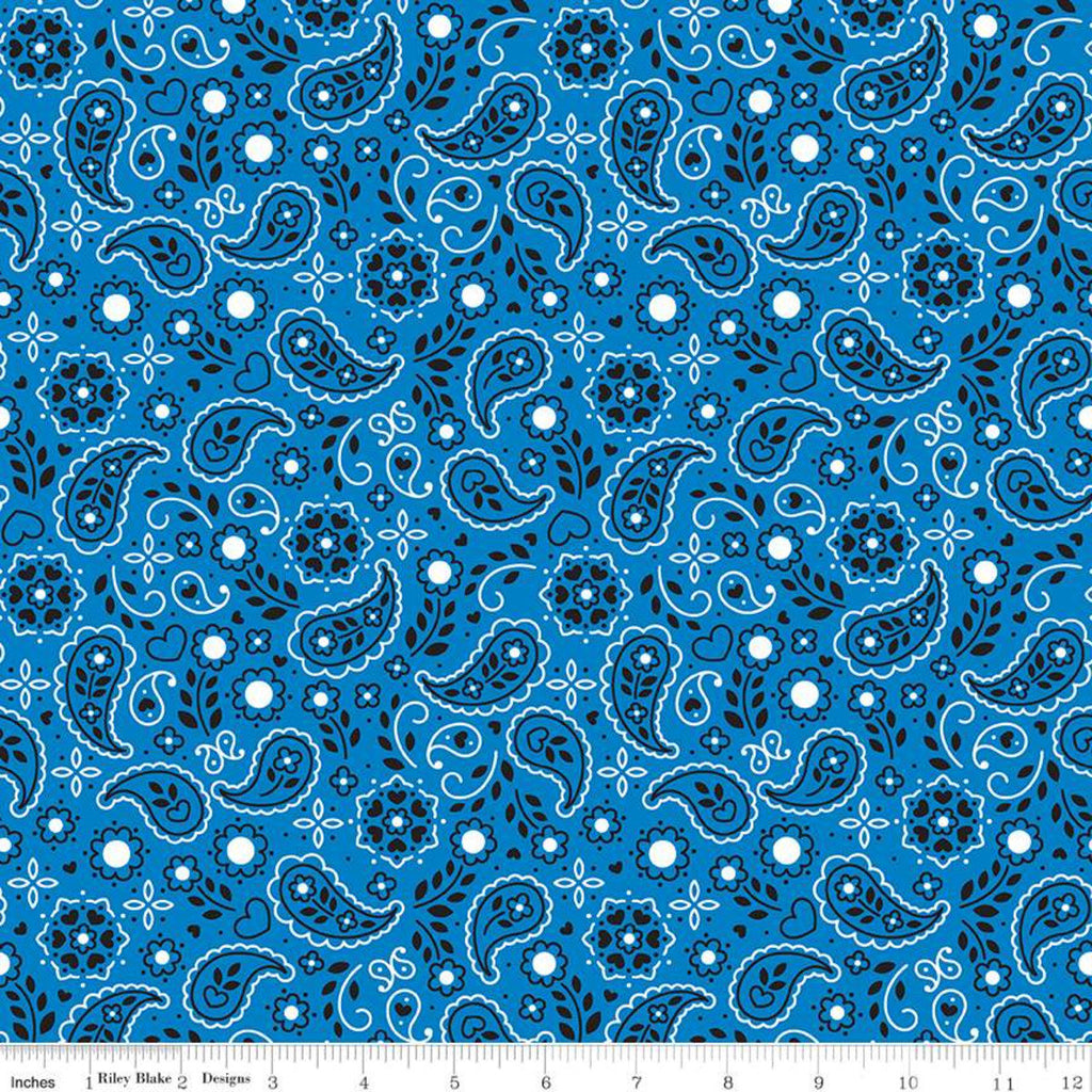 34" End of Bolt - FLANNEL Down on the Farm Bandana F10625 Blue - Riley Blake Designs - Paisley Flowers Hearts Dots  - FLANNEL Cotton Fabric