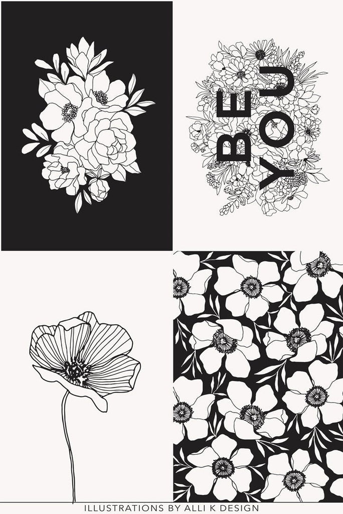 SALE Illustrations Panel 11500 Paper Ink - Moda Fabrics - Floral Flowers Be You Black White- Quilting Cotton Fabric