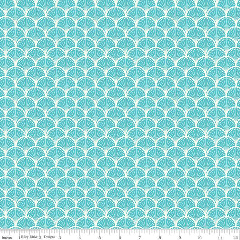 22" End of Bolt - SALE Stardust Scallops C10502 Peacock - Riley Blake Designs - Clamshell Fan Blue Off-White -  Quilting Cotton Fabric