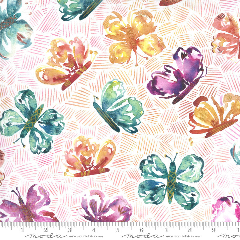 SALE Sunshine Soul All Aflutter Butterflies 8462 Sunset - Moda Fabrics - Butterfly Multi on White - Quilting Cotton Fabric