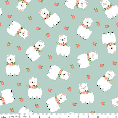 29" End of Bolt - SALE FLANNEL Llamas F10620 Mint - Riley Blake Designs - Juvenile Children's Llama Flowers Green - FLANNEL Cotton Fabric