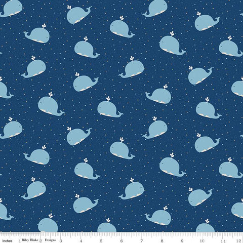 16" End of Bolt - FLANNEL Whales F10622 Navy - Riley Blake Designs - Children's Juvenile Whales Tiny Stars on Blue  - FLANNEL Cotton Fabric