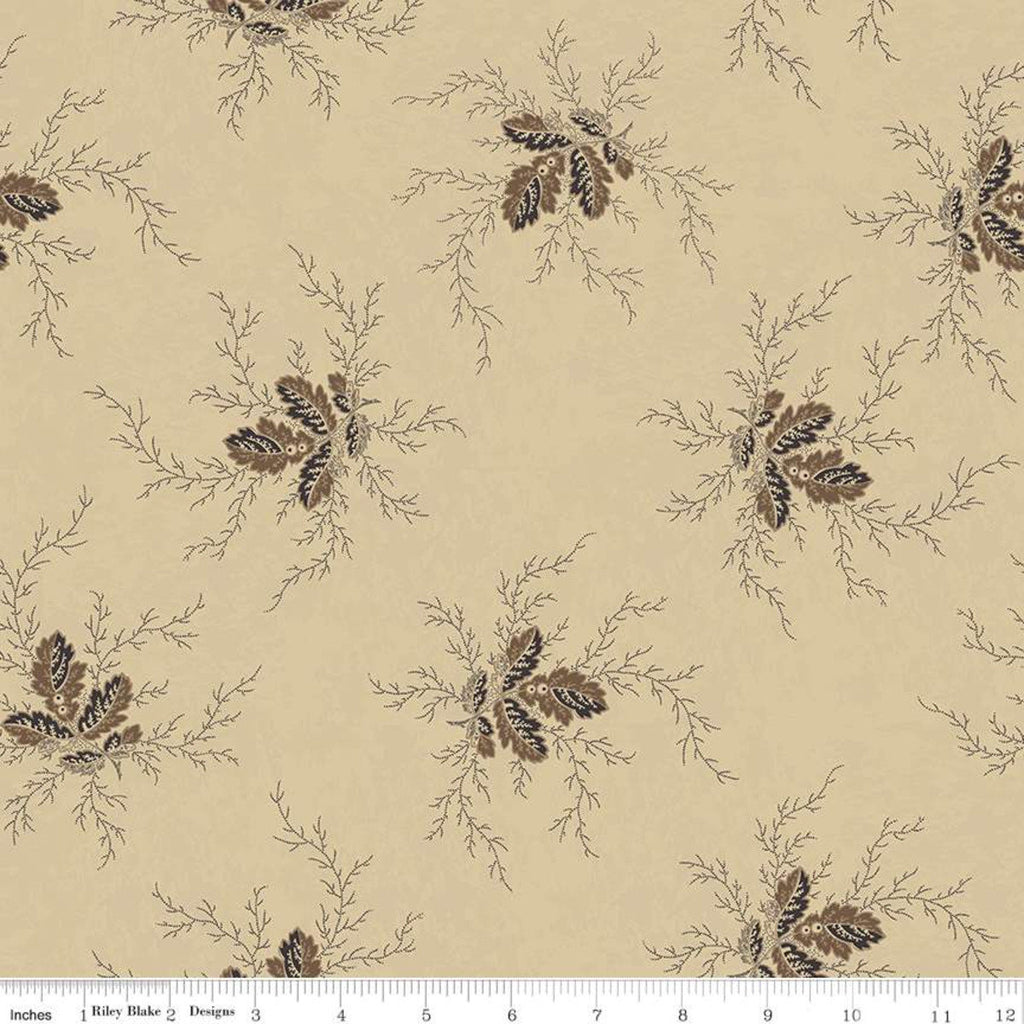 CLEARANCE Bountiful Autumn Flora C10850 Taupe - Riley Blake - Reproduction Print Leaves Stems - Quilting Cotton