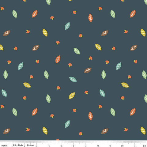 23" End of Bolt - SALE FLANNEL Woodland Leaf F10632 Navy - Riley Blake Designs - Leaves Mushrooms Blue - FLANNEL Cotton Fabric