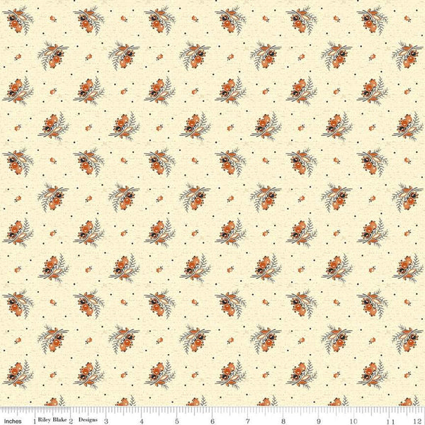 25" End of Bolt - SALE Bountiful Autumn Sprigs C10854 Cream - Riley Blake Designs - Reproduction Print Flowers Leaves Dots - Quilting Cotton