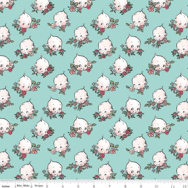 11" End of Bolt - SALE Sew Kewpie Faces C10542 Songbird - Riley Blake Designs - Floral Flowers Face Vintage Blue Green  - Quilting Cotton