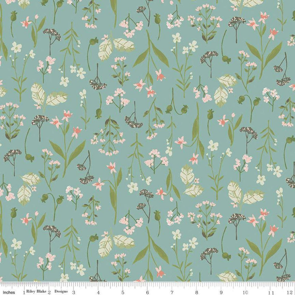 SALE Tea with Bea Sprigs C10491 Lake - Riley Blake Designs - Floral Flowers Leaves Buds Blue Green - Quilting Cotton Fabric