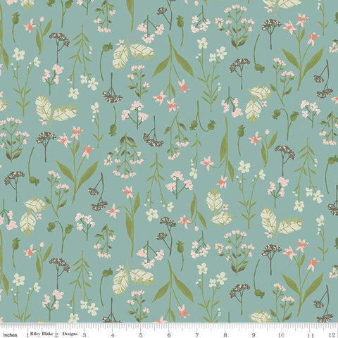 SALE Tea with Bea Sprigs C10491 Lake - Riley Blake Designs - Floral Flowers Leaves Buds Blue Green - Quilting Cotton Fabric