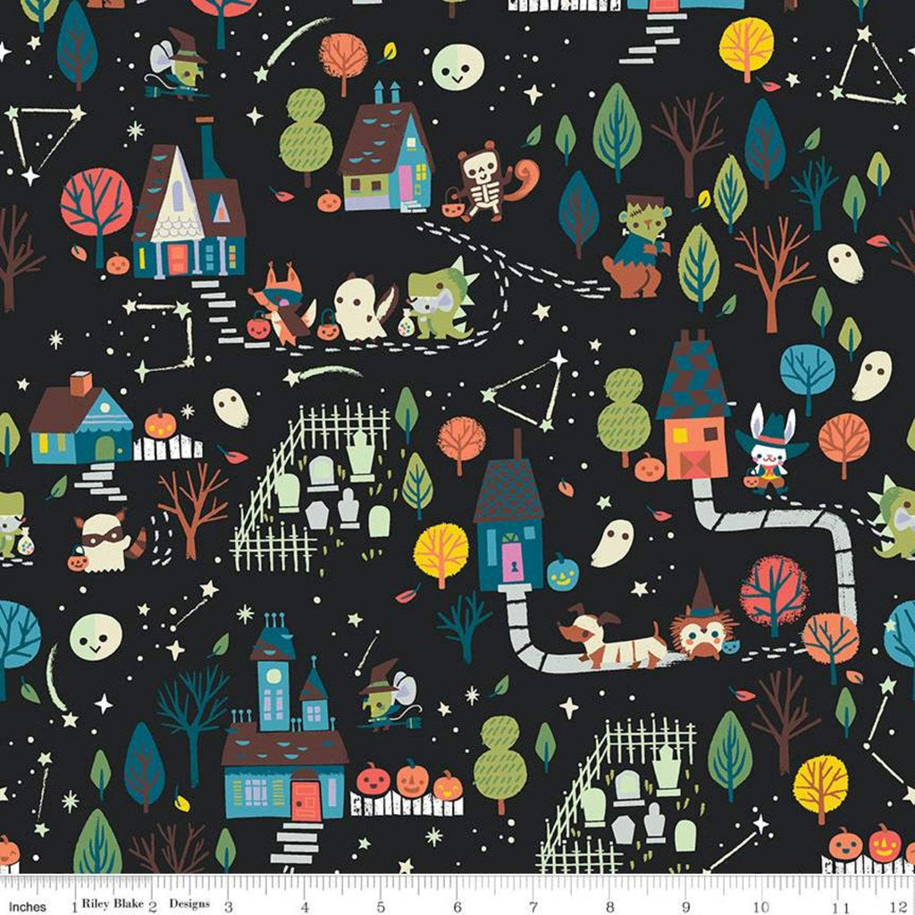 SALE Tiny Treaters Main GC10480 Charcoal GLOW in the DARK - Riley Blake Designs - Halloween Vignettes Scenes Black - Quilting Cotton Fabric
