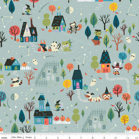 SALE Tiny Treaters Main C10480 Gray - Riley Blake Designs - Halloween Vignettes Ghosts Witches Skeletons -  Quilting Cotton Fabric