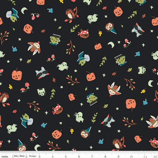 DEAL Tiny Treaters Toss GC10481 Charcoal GLOW in the DARK - Riley Blake Designs - Halloween Characters Stars Black - Quilting Cotton Fabric