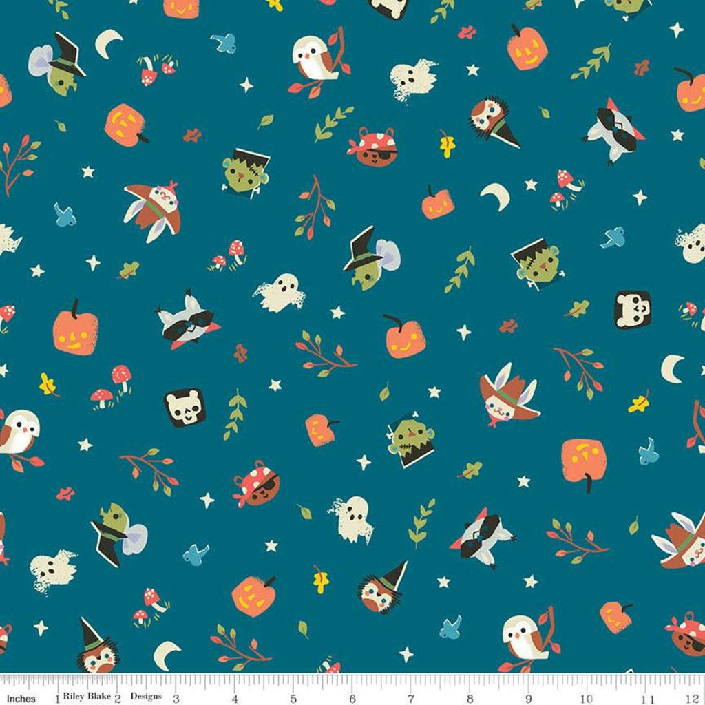 SALE Tiny Treaters Toss C10481 Teal - Riley Blake Designs - Halloween Characters Ghosts Pumpkins Blue Green - Quilting Cotton Fabric