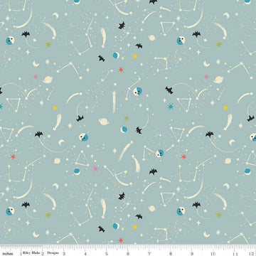 SALE Tiny Treaters Milky Way C10485 Gray - Riley Blake Designs - Halloween Stars Moons Planets Bats Cream  -  Quilting Cotton Fabric
