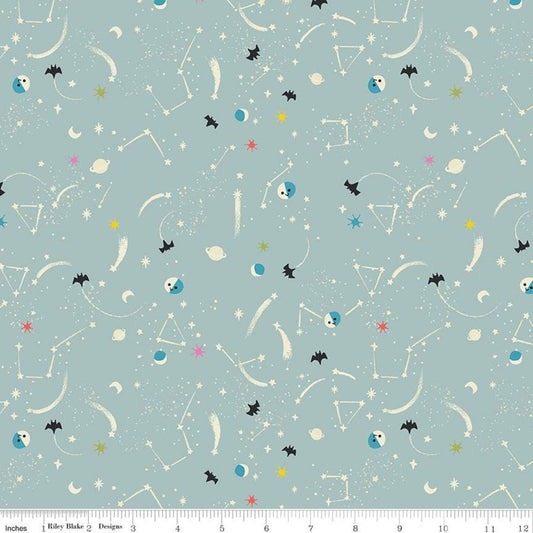 DEAL Tiny Treaters Milky Way C10485 Gray - Riley Blake Designs - Halloween Stars Moons Planets Bats Cream  -  Quilting Cotton Fabric