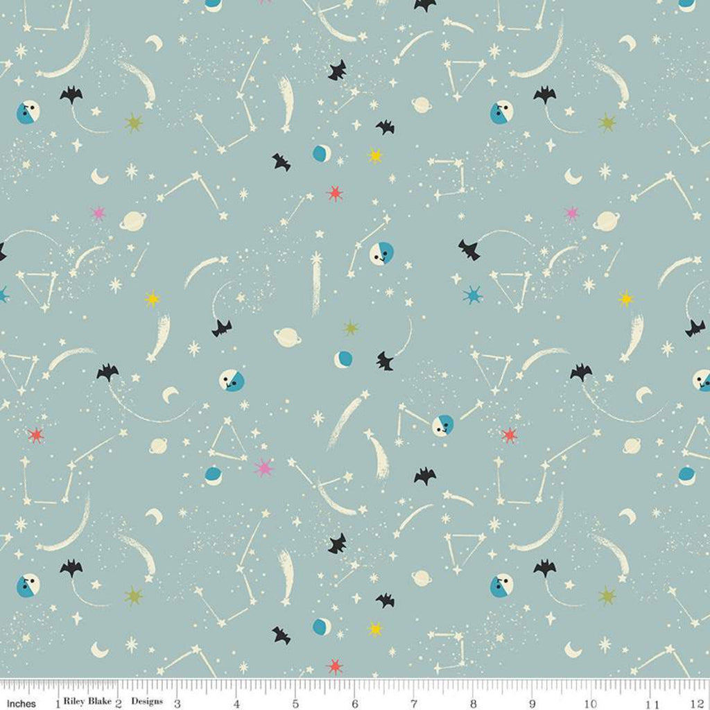 SALE Tiny Treaters Milky Way C10485 Gray - Riley Blake Designs - Halloween Stars Moons Planets Bats Cream  -  Quilting Cotton Fabric