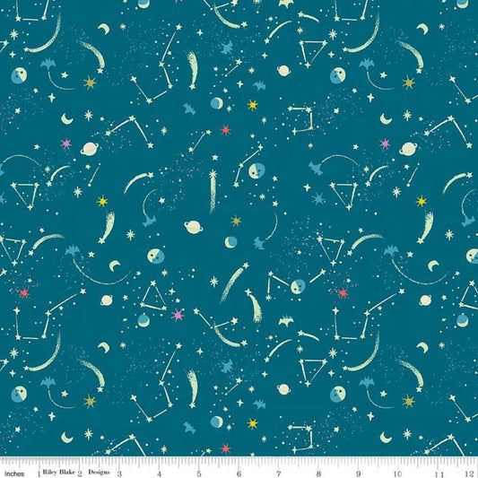 DEAL Tiny Treaters Milky Way GC10485 Teal GLOW in the DARK - Riley Blake Designs - Halloween Stars Blue Green - Quilting Cotton Fabric