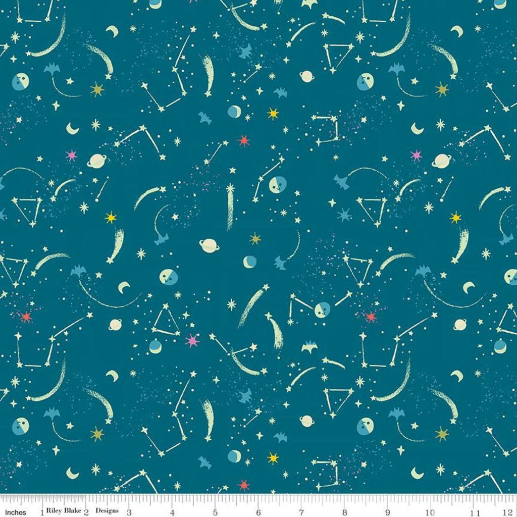 Tiny Treaters Milky Way GC10485 Teal GLOW in the DARK - Riley Blake Designs - Halloween Stars Blue Green - Quilting Cotton Fabric