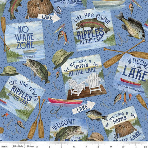 Fat Quarter End of Bolt - At the Lake Main C10550 Blue - Riley Blake - Posters Boats Canoes Fish Fishing Hooks Oars Hats - Quilting Cotton