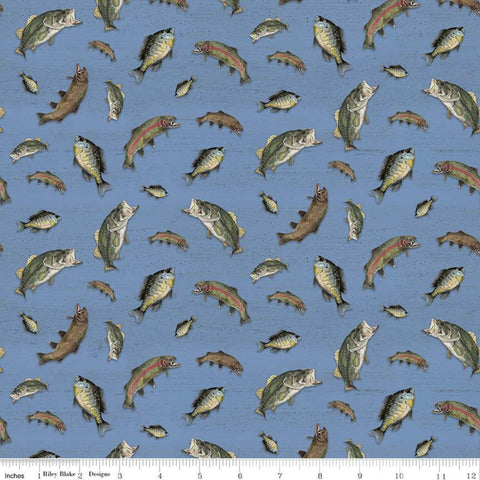 27" End of Bolt - At the Lake Fish C10552 Blue - Riley Blake Designs - Fishing - Quilting Cotton