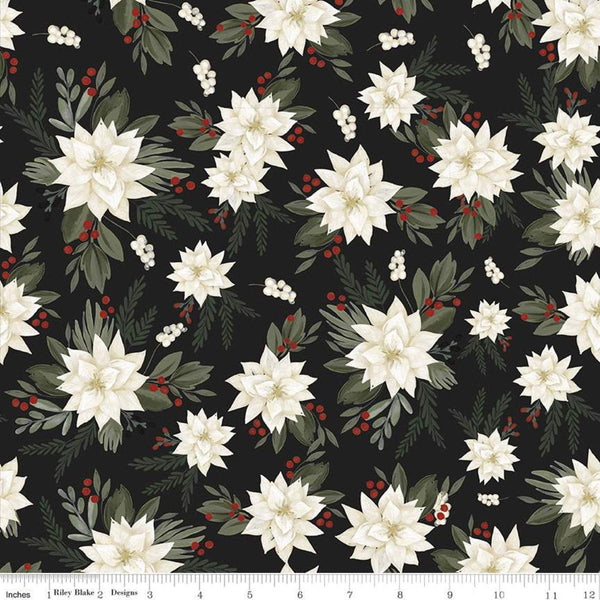 SALE Farmhouse Christmas Main C10950 Black - Riley Blake Designs - Floral Cream Flowers Poinsettias Leaves Berries  - Quilting Cotton Fabric