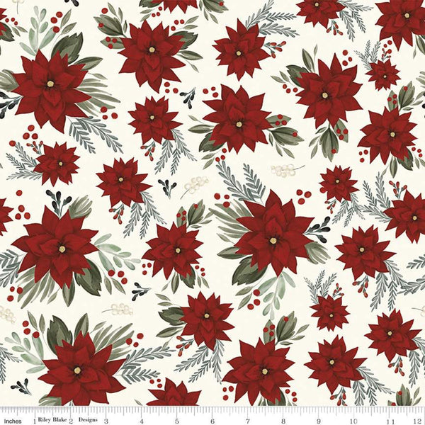 SALE Farmhouse Christmas Main C10950 White - Riley Blake Designs - Floral Flowers Poinsettias Leaves Berries  - Quilting Cotton Fabric