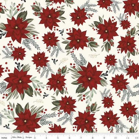 Farmhouse Christmas Main C10950 White - Riley Blake Designs - Floral Flowers Poinsettias Leaves Berries  - Quilting Cotton Fabric