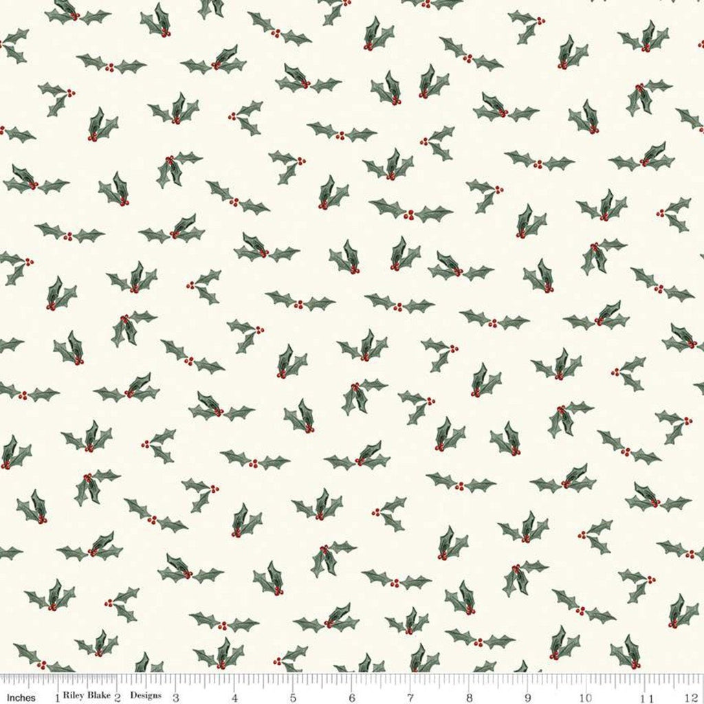 17" End of Bolt Piece - Farmhouse Christmas Holly Berry C10953 Cream - Riley Blake Designs - Holly Leaves Berries - Quilting Cotton Fabric