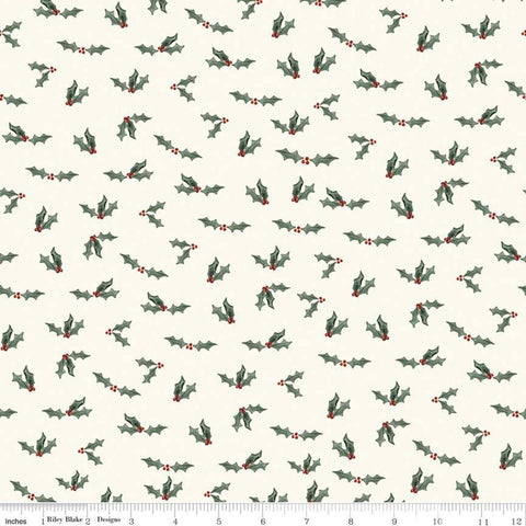 17" End of Bolt Piece - Farmhouse Christmas Holly Berry C10953 Cream - Riley Blake Designs - Holly Leaves Berries - Quilting Cotton Fabric