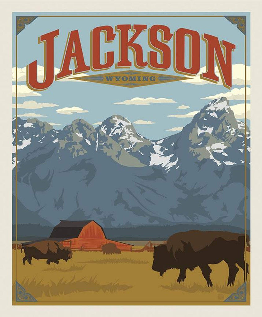 SALE Destinations Jackson Poster Panel P10971 by Riley Blake Designs - Outdoors Recreation Mountains Bison Wyoming - Quilting Cotton Fabric