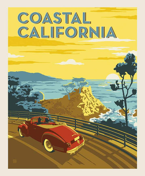 SALE Destinations Coastal California Poster Panel P10978 by Riley Blake Designs - Vintage Car Pacific Ocean - Quilting Cotton Fabric