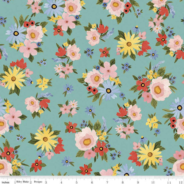 28" End of Bolt - SALE Beautiful Day Main C10690 Sea Glass - Riley Blake Designs - Floral Flowers Blue Green - Quilting Cotton Fabric