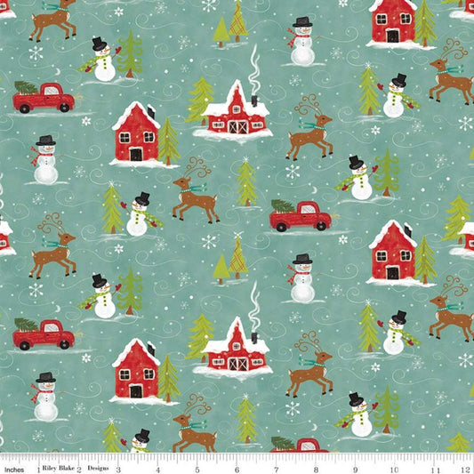 SALE Snowed In Main C10810 Glacier - Riley Blake Designs - Christmas Snowmen Houses Trucks Deer Trees Blue Green - Quilting Cotton Fabric