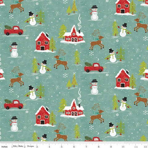 Snowed In Main C10810 Glacier - Riley Blake Designs - Christmas Snowmen Houses Trucks Deer Trees Blue Green - Quilting Cotton Fabric