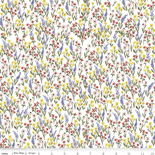 CLEARANCE Beautiful Day Floral C10692 White - Riley Blake Designs - Floral Flowers Blue Green - Quilting Cotton Fabric