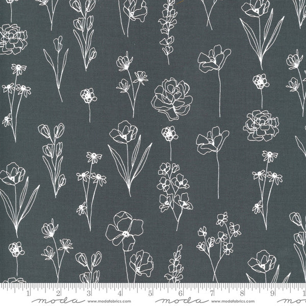 SALE Illustrations Floral Doodle 11505 Graphite - Moda Fabrics - Floral Flowers Gray Grey White - Quilting Cotton Fabric