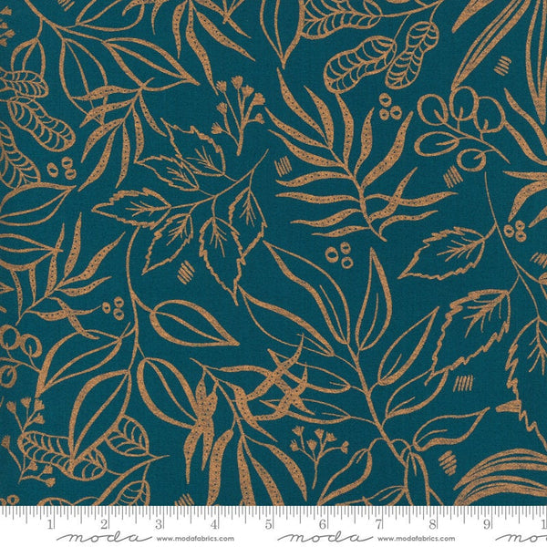 SALE Sunshine Soul Leaf It To Me Leaves METALLIC 8449 Jadeite - Moda Fabrics - Aqua Blue Green with Copper SPARKLE - Quilting Cotton Fabric