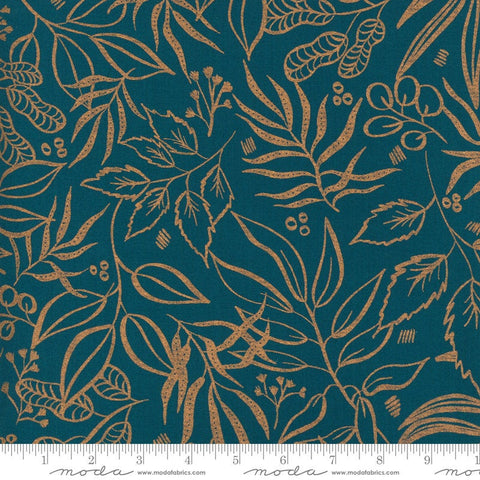 SALE Sunshine Soul Leaf It To Me Leaves METALLIC 8449 Jadeite - Moda Fabrics - Aqua Blue Green with Copper SPARKLE - Quilting Cotton Fabric