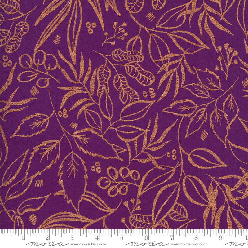 CLEARANCE Sunshine Soul Leaf It To Me Leaves METALLIC 8449 Ultra Violet - Moda Fabrics - Purple with Copper SPARKLE - Quilting Cotton Fabric