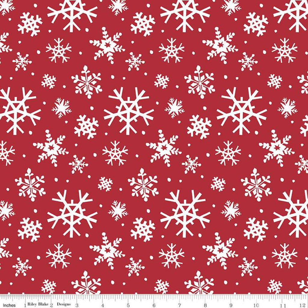 9" End of Bolt Piece - Holly Holiday Snowflakes C10882 Red - Riley Blake - Christmas White Snowflakes Dots on Red - Quilting Cotton Fabric
