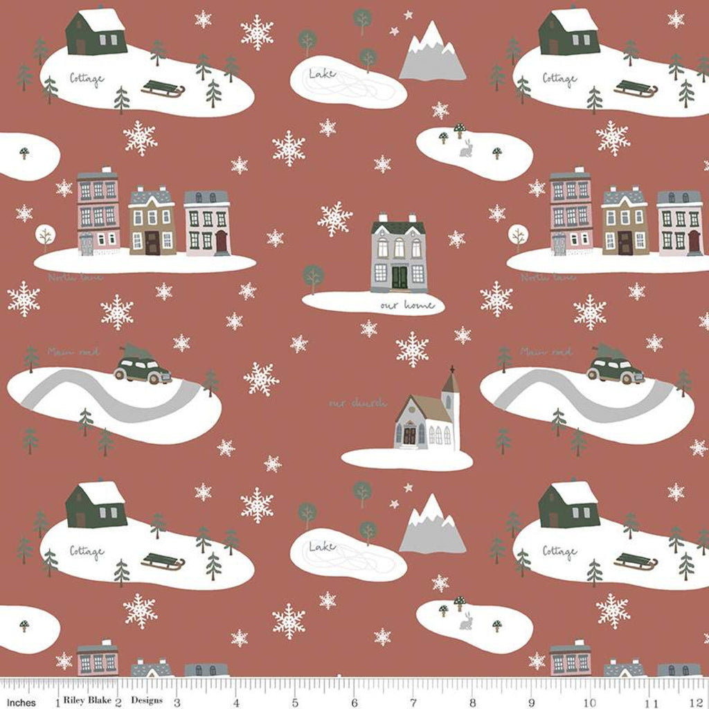 SALE Warm Wishes Main C10780 Redwood - Riley Blake Designs - Christmas Winter Village Snowflakes Buildings - Quilting Cotton Fabric