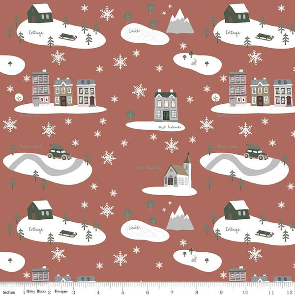 CLEARANCE Warm Wishes Main C10780 Redwood - Riley Blake Designs - Christmas Winter Village Snowflakes Buildings - Quilting Cotton Fabric